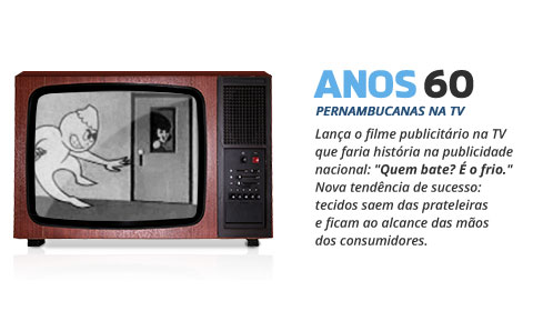 Anos 60 Pernambucanas na TV - Lança o filme publicitário na TV que faria história na publicidade nacional: "Quem bate? É o frio." Nova tendência de sucesso: tecidos saem das prateleiras e ficam ao alcance das mãos dos consumidores.